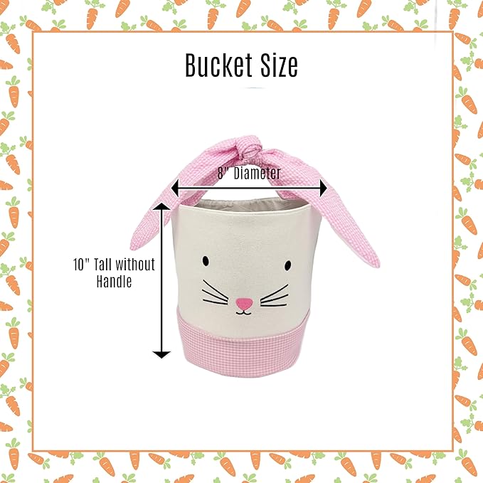 Easter Bunny Canvas Basket, Easter Egg Basket, Bunny Face, White with Gingham Pattern, 8x10 Inches, Foldable Tie Handle (Pink)