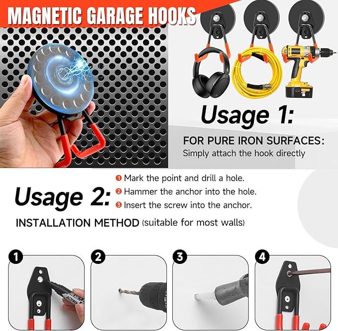 Magnetic Hooks 4 Pack, Large Strong Magnetic Hooks Heavy Duty with Anti-Slip Coating, Garage Magnet Hooks for Hanging Garden Tools,Drills,Hoses. Ideal for Metal Cabinet,Tool Cart,Workshop