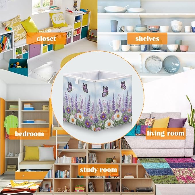 Bolaz Spring Wild Flowers Purple Butterfly Closet Organizers Storage Cubes Storage Bins Shelf Baskets Containers for Home Room Office,Square