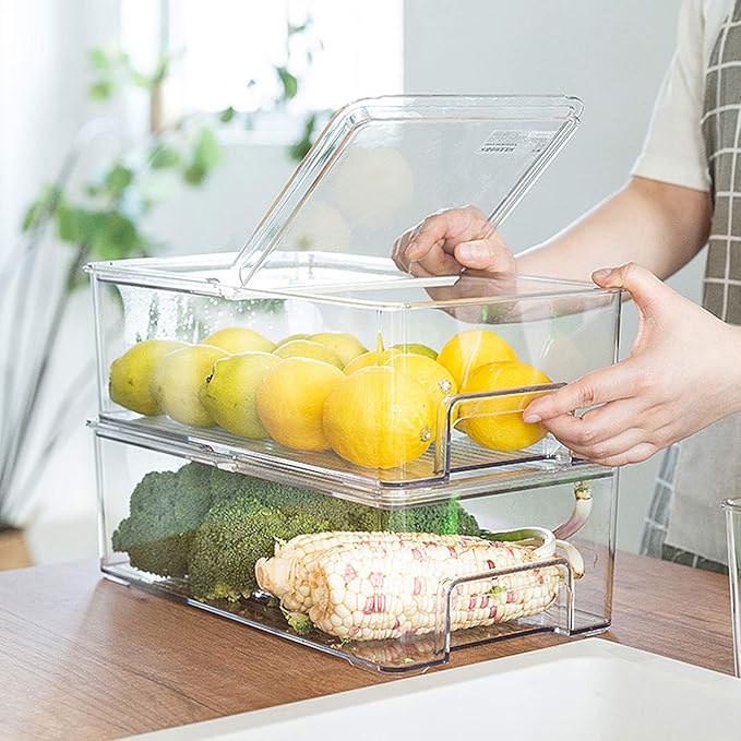 elabo Food Storage Containers Fridge Produce Saver- Stackable Refrigerator Freezer Organizer Keeper Drawers Ice Bins with Lids, Fridge Organizers and Storage Bins for Kitchen, Cabinet, 2 Pack