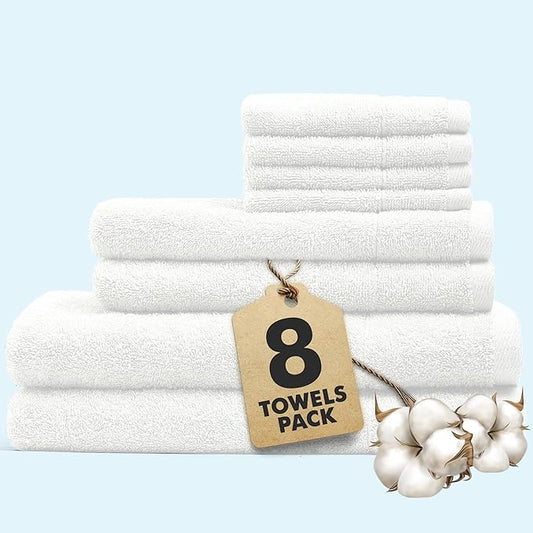 Bath Towels Set of 8 – 100% Cotton (White) Bathroom Towel Set Bale Includes 2 Bath, 2 Hand, 4 Face Towels – Soft, Absorbent & Quick Dry Towel for Bathroom, Spa, Kitchen, Hotel Use