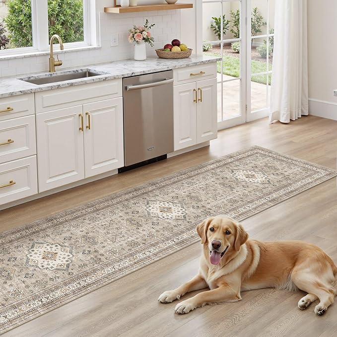 Vintage Hallway Runner Rug 2x6: Large Soft Washable Entryway for Kitchen Laundry Room Non-Slip Backing Runner for Entrance Living Room Bedroom Bathroom - Beige