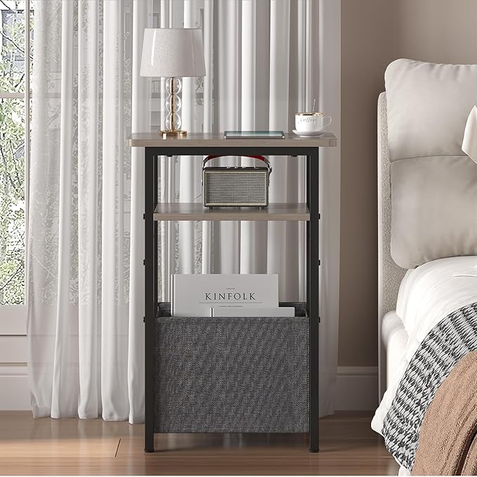 Narrow Side Table, Skinny End Tables with Fabric Basket, Small Side Tables for Small Space, 2-Tier Open Shelves with Basket, Slim Nightstands for Bedroom,Living Room,Office, Grey