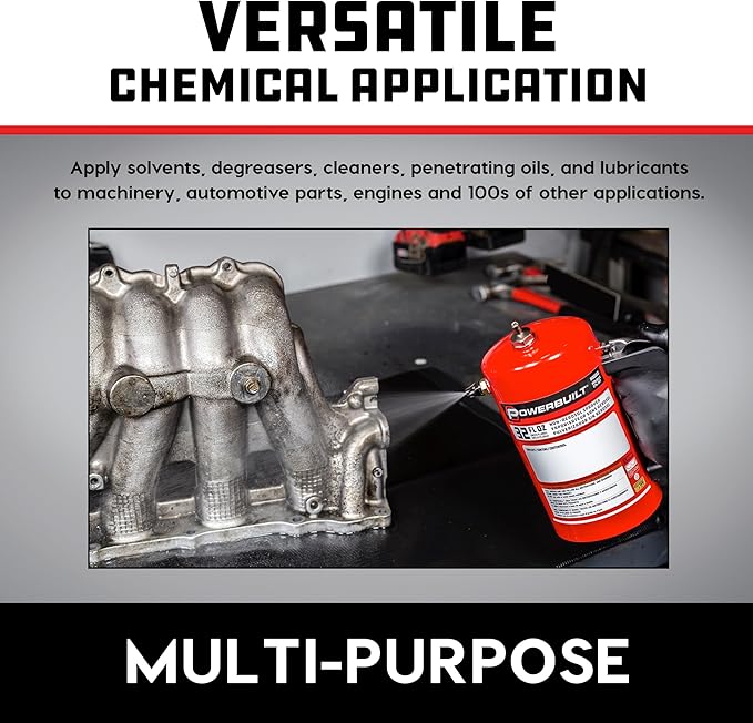 Powerbuilt 1 Quart Refillable Non-Aerosol Pressurized Sprayer for Oil, Lubricants, Degreasers - 32oz Canister with Brass Nozzles & Stainless-Steel Corrosion Resistant Inner Lining (Red) - 643090ECE