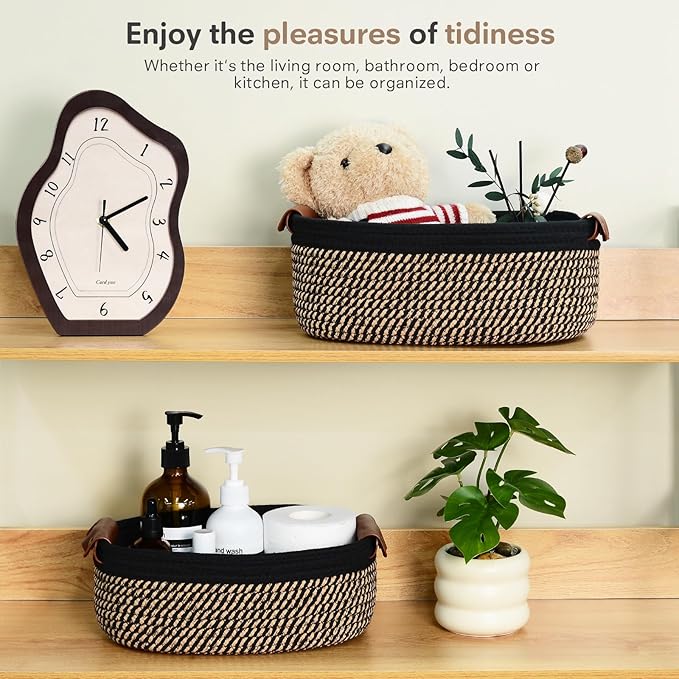 5 Piece Storage Baskets Small Woven Basket with Detachable Leather Handle, Cotton Rope Shelf Baskets for Closet Organizers, Different Sizes Basket Decor, Black Brown
