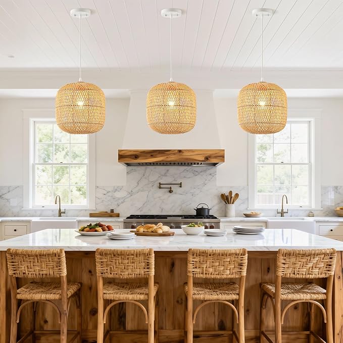 Hand-Woven Rattan Pendant Light, 11in Rattan Chandelier Boho Wicker Hanging Lighting Fixture Coastal Pendant Lights for Kitchen Island Dining Room Bedroom Foyer Entrance