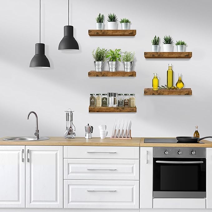 Sorbus Floating Shelves for Wall – 16 Inch Floating Shelf for Kitchen, Bedroom, Living Room, Bathroom, Home & Wall Decor - Mounted Bathroom Shelves with Invisible Brackets (Rustic Brown, 5 Pack)
