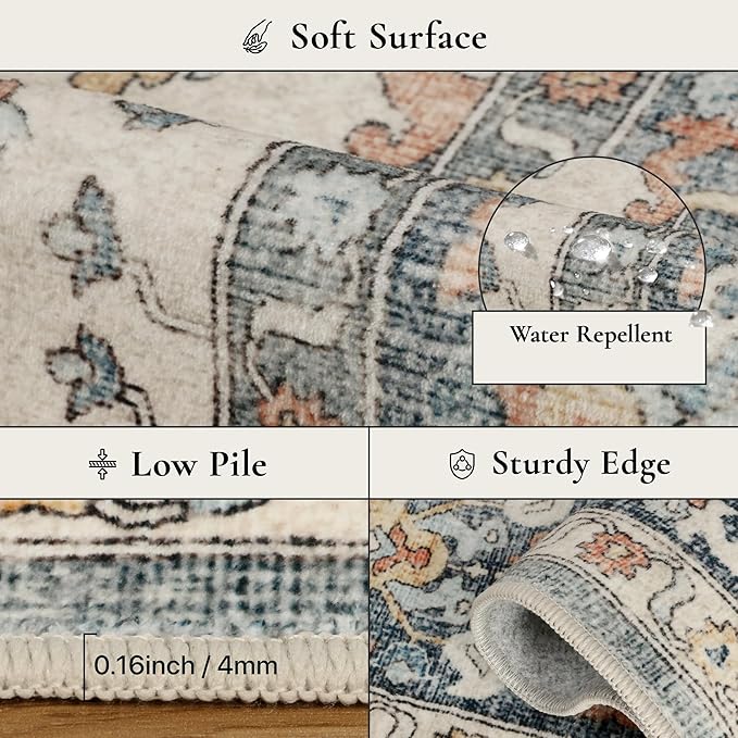 GENIMO 5x7 Area Rugs for Living Room, Machine Washable Non Slip Rugs, Low Pile Lightweight Print Rug for Bedroom, Dining Room, Home Office, Vintage Blue/Amber