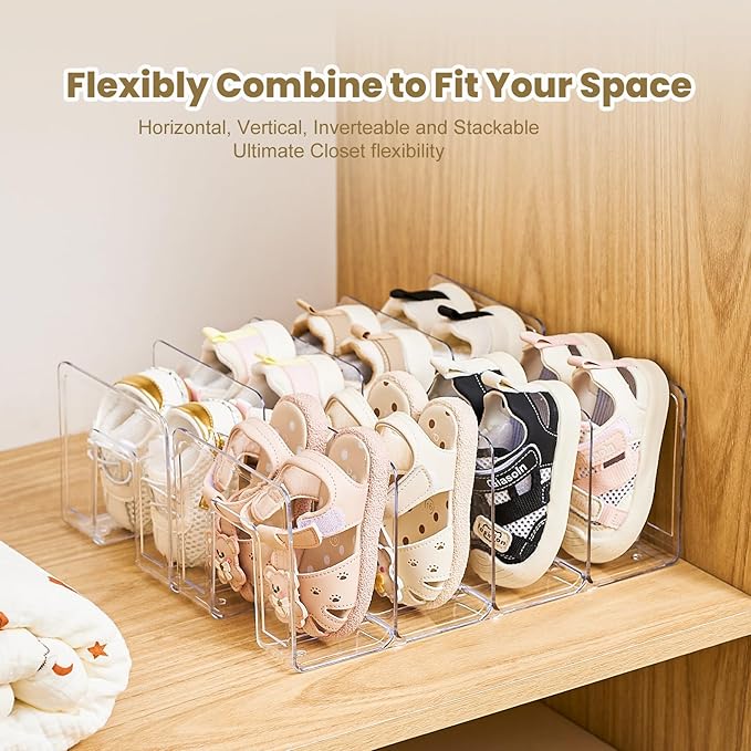 Clear Acrylic Kids Shoe Rack for Closet Organizers and Storage | 2 Pack Small Shoe Rack 4 Sections Toddler Baby Shoe Storage Organizer Stackable Shoe Shelf, Desk File Sorter Book Purse Organizer