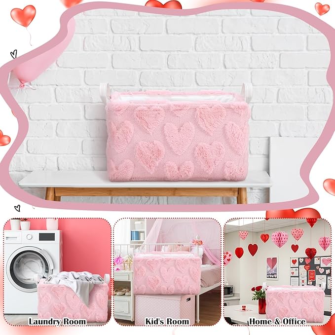 Kathfly Pink Heart Storage Baskets Valentine's Day Plush Faux Fur Jacquard Design Laundry Basket with Handles Waterproof Storage Bins Fabric Shelf Baskets for Organizing