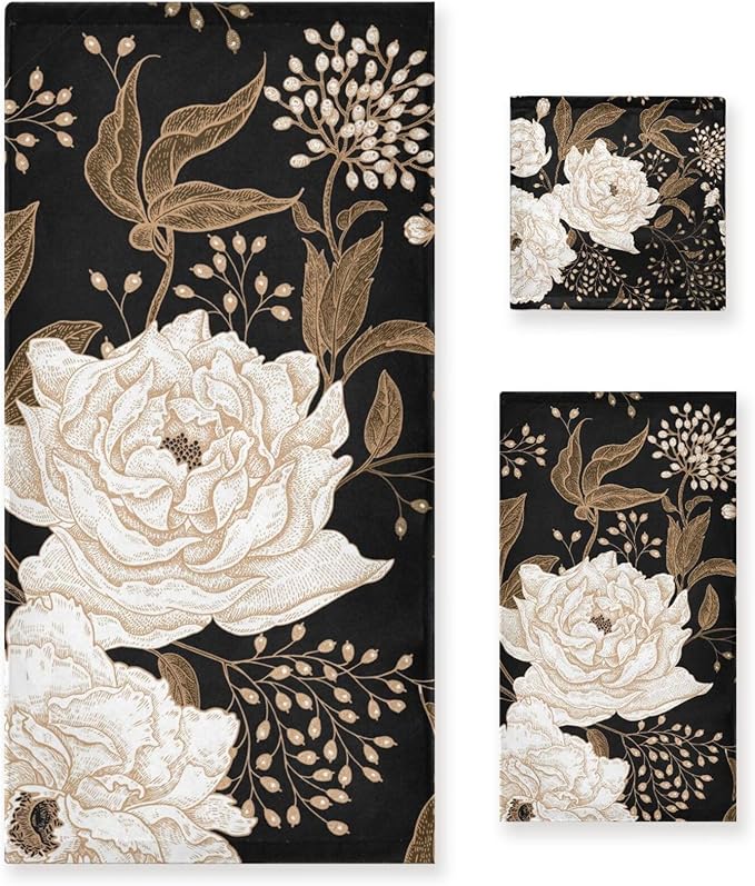3 Piece Vintage Beige Peony Bath Towels Set,Microfiber Absorbent Gold Black Floral Leaves Rustic Towels for Bathroom,1 Bath Towel,1 Hand Towel,1 Washcloth,Decorative Guest Bathroom Towels