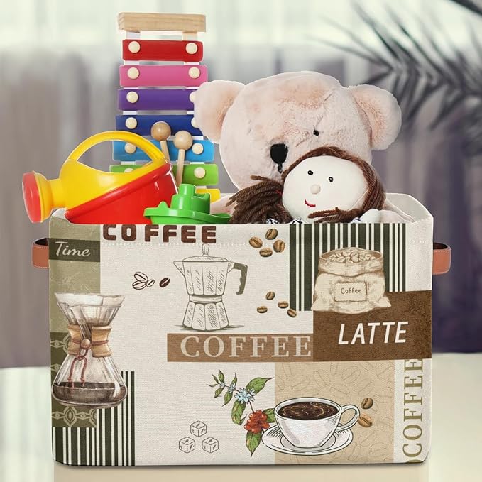 Rectangle Storage Baskets for Organizing - Foldable Storage Bin Cubes with Handles, Large Organizer Bins Boxes Toy Closet Shelf Nursery Laundry Basket, 1 Pcs(Coffee Time Theme)