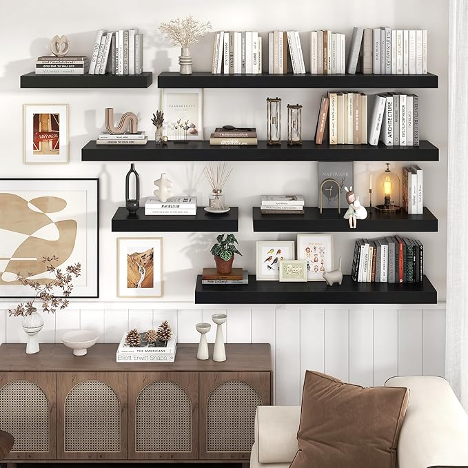 Floating Shelves for Wall, 24 Inch Wide x 12 Inch Deep Floating Shelves, Long Wood Floating Wall Shelf Shelves for Living Room Bathroom Bedroom Kitchen Home - (Black, 24" W x 12" D x 2" H)