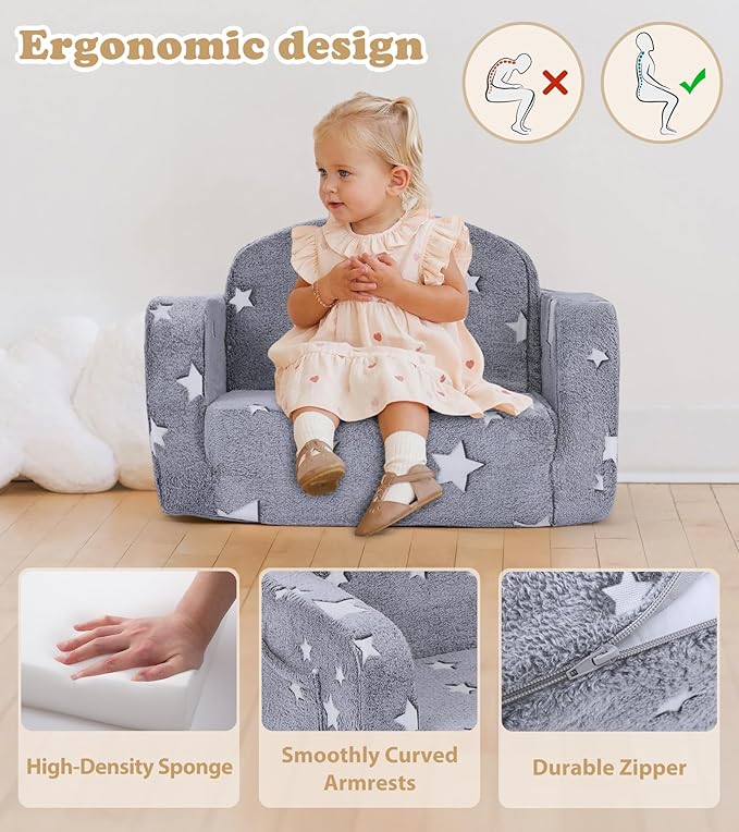 Kids Couch, 2-in-1 Soft Toddler Couch Fold Out with with Blanket and Cloud Pillow, Glow in The Dark, Toddler Chair Comfy, Convertible Sofa, Gifts for Kids Girl Boys, Medium Grey Star
