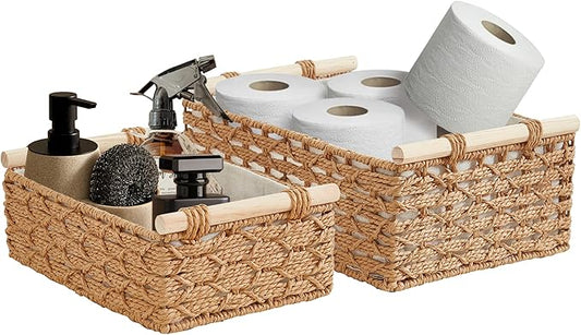 DECOMOMO Paper Rope Wicker Storage Basket, Back of Toilet Basket, Bathroom Organizer, Toilet Tank Tray, Countertop, Home Decor (Beige, Set of 2)