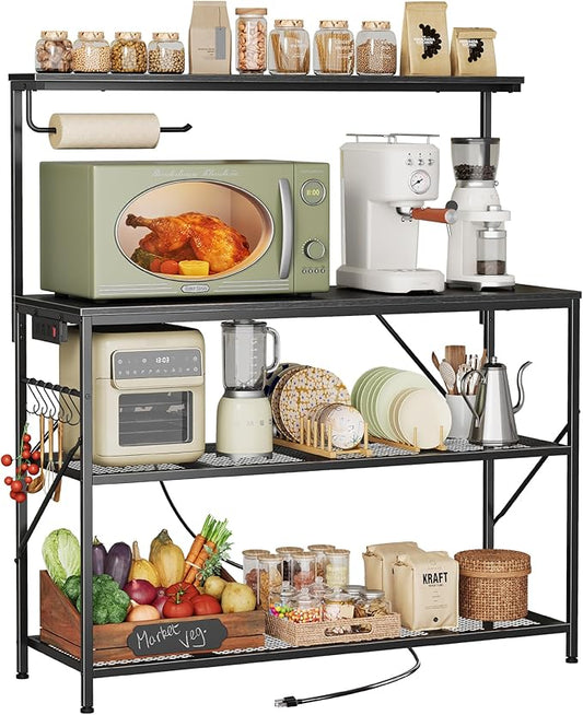 Huuger 4-Tier Bakers Rack with Reversible Power Outlet, 39.4 Inch Microwave Stand with Paper Towel Holder, Kitchen Bar, Larger Storage with Top Shelf, 6 S Hooks, White