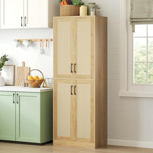 JASIWAY Kitchen Pantry Cabinet, 67" Tall Rattan Storage Cabinet with Doors and Adjustable Shelves, Wooden Linen Pantry Cupboard for Small Spaces Laundry Room Bathroom, Food Snack Towels Storage, Oak