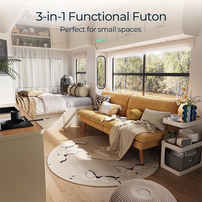 LINSY HOME Futon Sofa Bed - Convertible Corduroy Futon Couch Bed with Adjustable Backrest, Modern Small Loveseat Sleeper Sofa for Small Spaces, Living Room, Apartment or Office (Yellow)