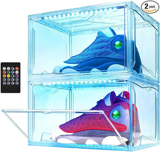 Shoe Storage Organizer for Closet, Foldable Shoe Boxes Rack 2 pack, Clear Plastic Stackable Containers Bins Holder, Magnetic Sneaker Shelf for Sneakerheads with LED Lights Clear