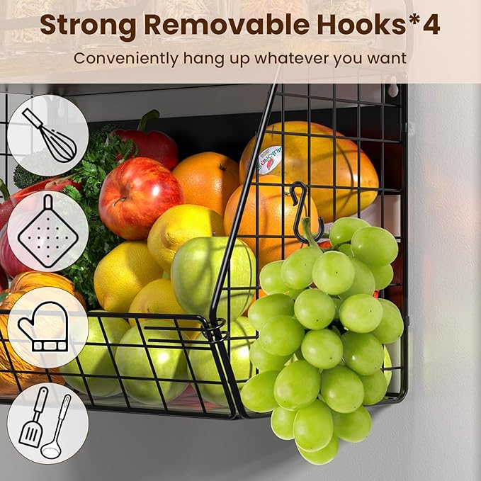 Magnetic Shelf for Fridge with Wood Lid & 4 Hooks, Fruit Potato & Onion Storage Bins, Pantry Organizer & Storage, Large Container Magnetic Spice Rack for Refrigerator, Kitchen Counter & Cabinet