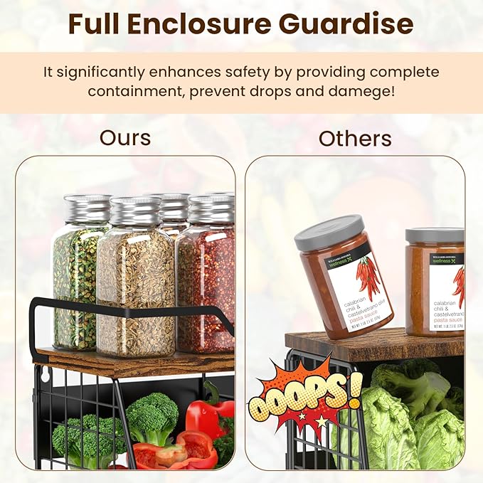 Magnetic Shelf for Fridge with Wood Lid & 4 Hooks, Fruit Potato & Onion Storage Bins, Pantry Organizer & Storage, Large Container Magnetic Spice Rack for Refrigerator, Kitchen Counter & Cabinet