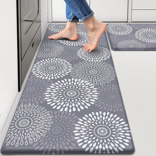 Anti-Fatigue Kitchen Mat Set of 2 – Cushioned Non-Slip Floor Rugs in Grey