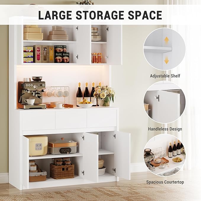 71" Tall Kitchen Pantry Cabinet, Adjustable Shelves & Doors and Three Drawers, Microwave Shelf, Coffee Bar with LED Lights & Charging Station, Corner Storage Hutch for Living Room, White