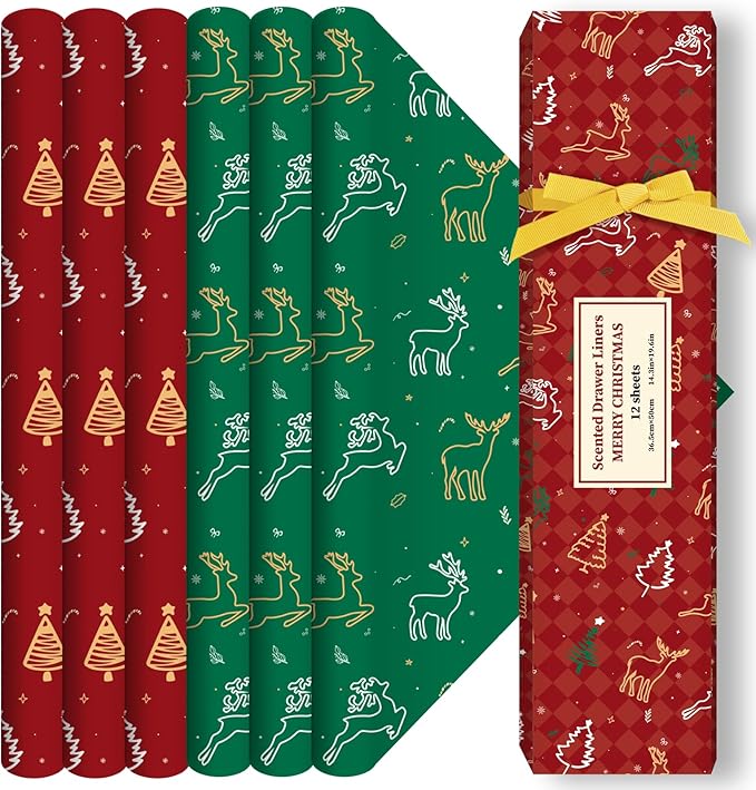 SCENTORINI Christmas Drawer Liners for Dresser, Set，Apple Cinnamon, Cedar, 12 Sheets for Home Shelf Closet Christmas Decoration Gifts