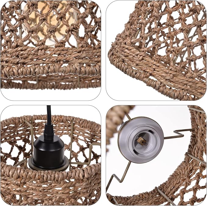 Arturesthome Boho Hand Woven Rattan Pendant Light Fixture, Mini Farmhouse Natural Chandelier Lighting, Retro Wicker Hanging Lamp for Kitchen Island D 7.8″*7.8″