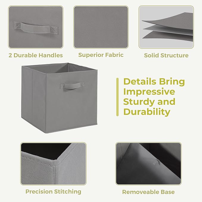 Storage Bins, 11 Inch Fabric Storage Cubes, Collapsible Cube Storage Box, Fabric Closet Organizers with Handle for Home, Office, Shelf Cabinet, Closets, Bedroom, Living Room, Grey, 10 Set