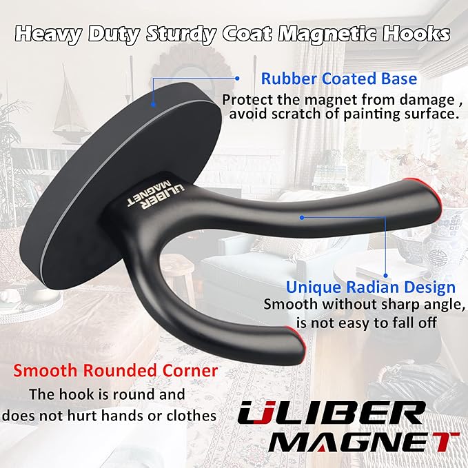 ULIBERMAGNET Strong Magnetic Double Hooks, 2 Pack Heavy Duty Sturdy Coat Magnetic Hooks, Rubber Magnets Large Hooks for Coat Robe Towel Key Hat (Black)