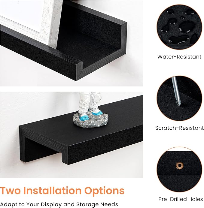 RICHFOCUS Picture Ledge Shelf, 55 inch Floating Shelves Set of 2, Wood Wall Shelves with Lip, Wall Decor Storage for Bedroom Living Room Bathroom Kitchen Nursery Photo Picture, Black