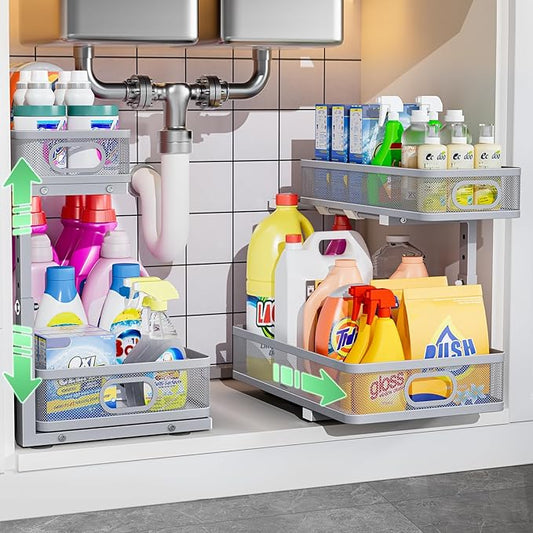 der Sink Organizer, High Adjustable 2 Tier Under Sink Organizers and Storage, Slide Out Metal Cabinet Organizers, Pull Out Sink Storage Drawer Shelf for Kitchen Bathroom Cabinet, Grey, 2 Pack