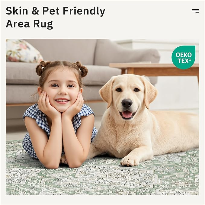 5x7 Area Rugs Green/Brown Low Pile Indoor Washable Trendy Faded Style Rugs for Bedroom Living Room Dining Room Foldable Non-Slip Thin Print Home Office Mat