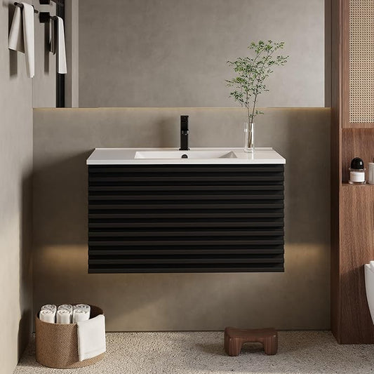 eclife 36" Floating Bathroom Vanity with Sink Combo Mid-Century Wall Mounted Cabinet with Wood Stripes Decor, Drawers, Undermount Sink, Faucet, Drain, Black