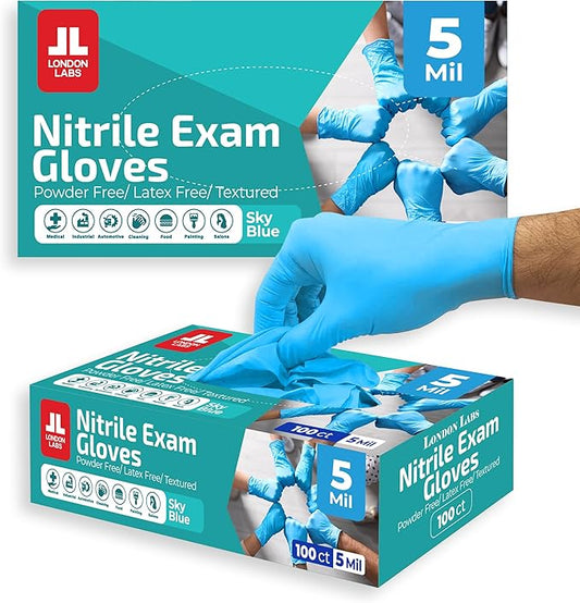 Sky Blue 5 Mil Nitrile Exam Gloves Disposable Latex Free | Medical Rubber Gloves for Doctors, EMT, First Aid Kit, Food Service & Cleaning | Pack of (200 CT)