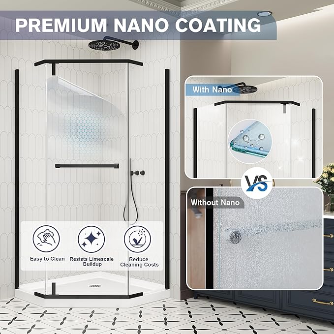Neo-Angle Frameless Shower Door, 36" D x 36" W x 72" H Corner Shower Enclosure, 1/4" ANSI Tempered Glass with Explosion-Proof Film Nano Coating, Stainless Hardware, Shower Base Not Included
