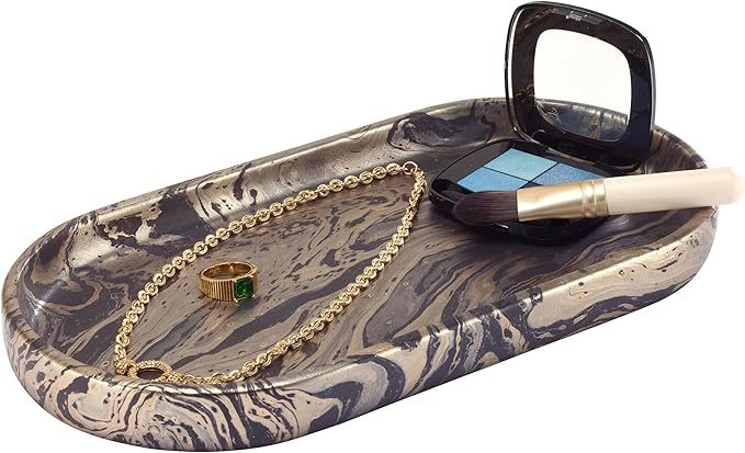 Nicole Miller - Bathroom Set, 3pc Countertop Accessories, Resin Lotion Pump/Soap Dispenser, Covered Jar, & Vanity Tray, Dorm Room Essentials (Harper Collection, Black/Gold)