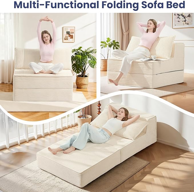 Convertible Sofa Bed, Fold Out Loveseat Sleeper Sofa Chair with Pillow, Folding Sofa Bed with Back Support, Portable Chair Bed Comfy Floor Lounge Sofa for Living Room Bedroom Guest Room, Beige