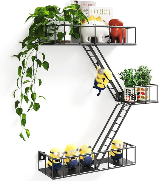 Fire Escape Shelf - 3 Tier Metal Black Fire Escape Wall Shelves with Baskets, New York Action Figurine Display Shelf, Unique Rustic Floating Decorative Wall Shelves for Any Room