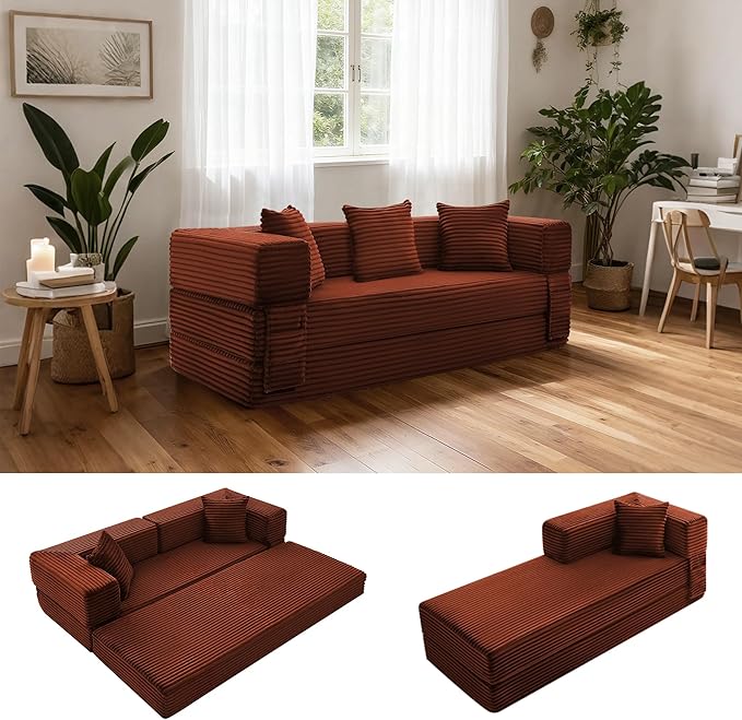 Sectional Boneless Couch Convertible Sofa Bed, 78'' Modular Sectional Sleeper Sofa with Removable Armrests & 3 Pillows, Small Floor Couch No Assembly Needed for Living Room, Office, Bedroom, Orange