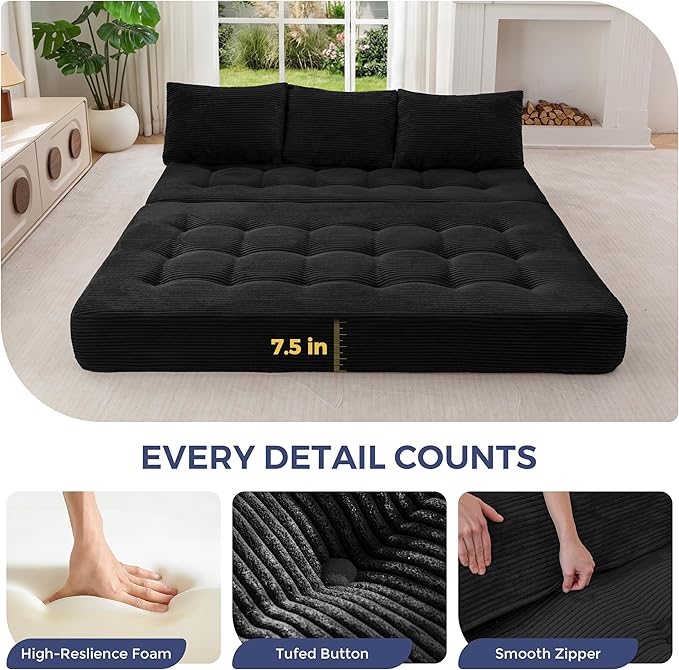 MAXYOYO Folding Sofa Couch, Convertible Floor Sleeper Couch with 3 Pillows, Tufted Floor Oversized Loveseat Couch Tufted Fold Out Chair Bed Comfy Sofa Lounge for Living Room Bedroom, Black