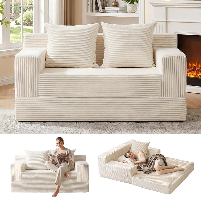 Convertible Sofa Bed, Loveseat Folding Floor Futon Sleeper Sofa Couch Bed- Boneless Foldable Couch, Corduroy Pull Out Sofa Bed with 2 Pillows for Living Room & Bedroom