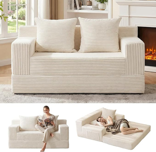 Convertible Sofa Bed, Loveseat Folding Floor Futon Sleeper Sofa Couch Bed- Boneless Foldable Couch, Corduroy Pull Out Sofa Bed with 2 Pillows for Living Room & Bedroom
