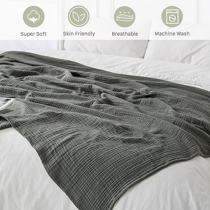 Muslin Blanket 100% Cotton Blanket Throw 108”x90”, Lightweight Breathable Summer Blanket Throw. Supersoft 4-Layer Gauze Throw Blanket for Sofa, Couch, Bed, All-Season Use, Dusty Olive