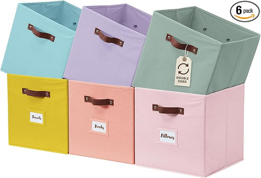 DECOMOMO Storage Bins, Cube Storage Bin with Labels, Fabric Storage Cubes for Shelves (10.5" x 11" / 6pcs, Rainbow)