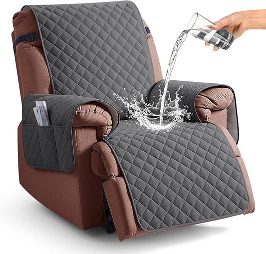 KinCam 100% Waterproof Recliner Chair Cover, Reclining Couch Covers for Pets, Dogs, Recliner Couch Slipcover Furniture Protector with Elastic Straps for Kids(30", Charcoal Gray)