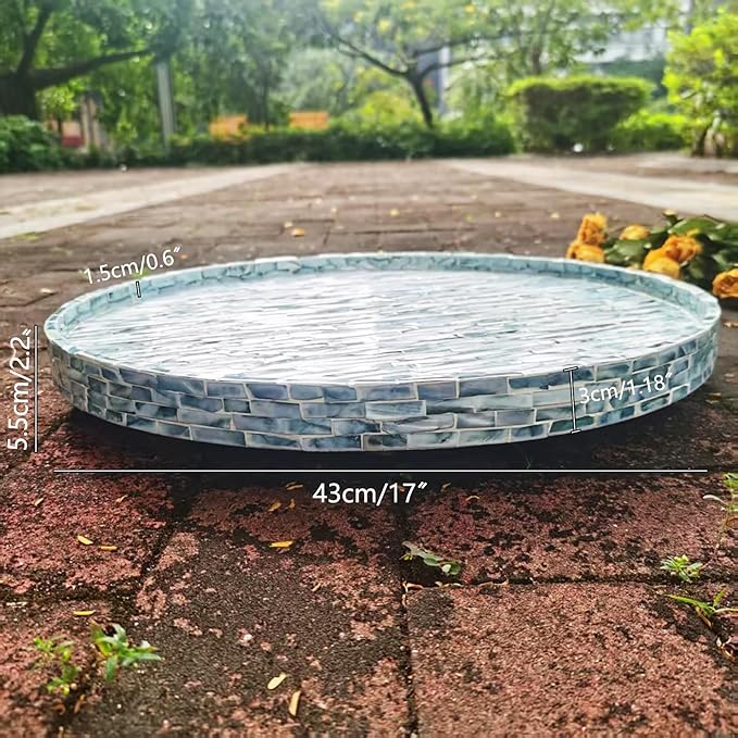 i-lan 17-inch Mother of Pearl Lazy Susan – Blue Brick Pattern Rotating Turntable with Smooth Spin, Large Decorative Tray for Dining Table, Kitchen Cabinet, Countertop & Holiday Gifting