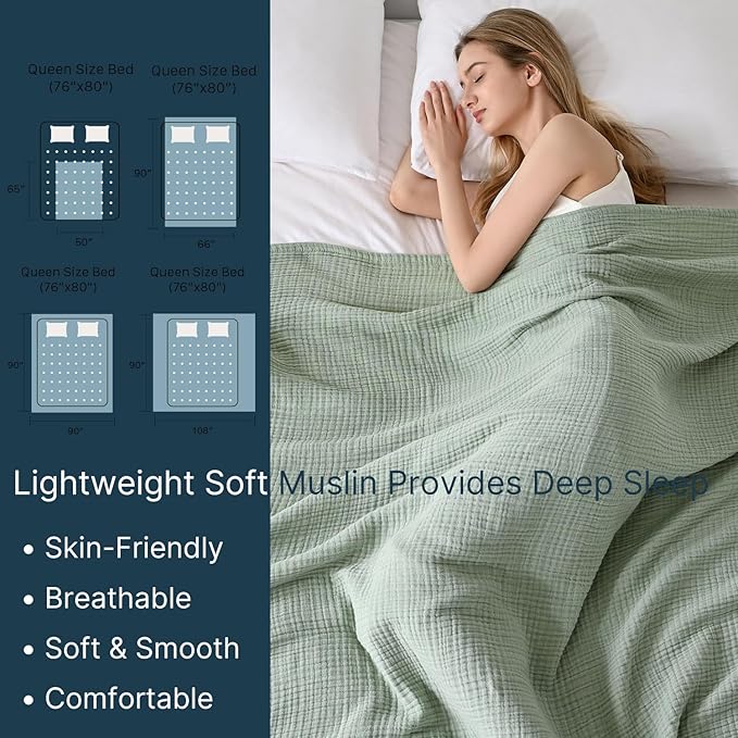 100% Cotton Muslin Blanket Throw 108'x90', Lightweight Breathable Summer Throw Blanket for Sofa, Couch, Bed, All-Season Use, Sage Green
