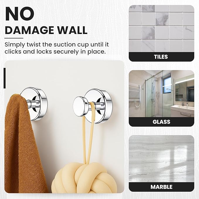 Suction Cup Hooks 4 Pack – No Drill Heavy Duty Bathroom Towel Hooks, Removable Stainless Steel Shower Hooks for Kitchen, Glass, Door, Bathrobe & Coat